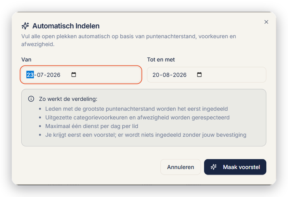 De functie Automatisch indelen in Dienstenplanner