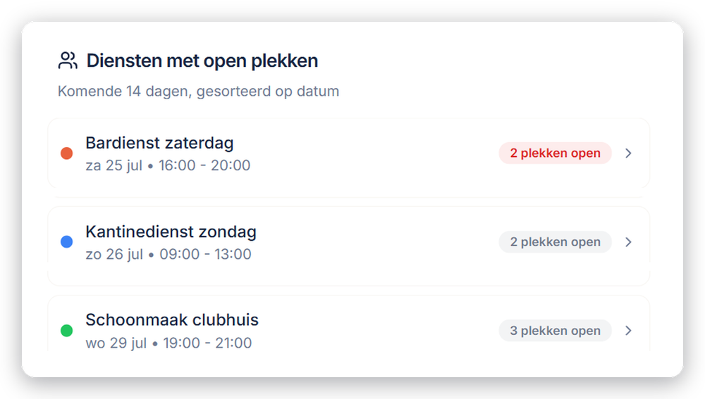 Overzicht van diensten met open plekken in Dienstenplanner